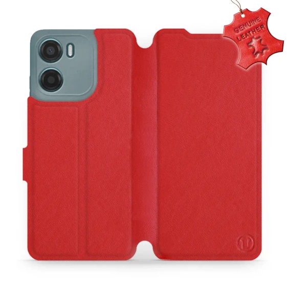Etui ze skóry naturalnej do Motorola Moto E15 - wzór Red Leather