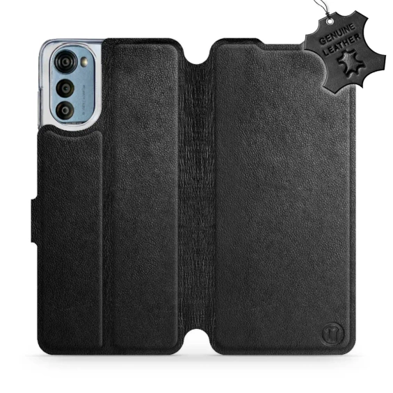 Etui ze skóry naturalnej do Motorola Moto E32s - wzór Black Leather