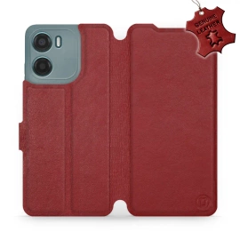 Etui ze skóry naturalnej do Motorola Moto E15 - wzór Dark Red Leather