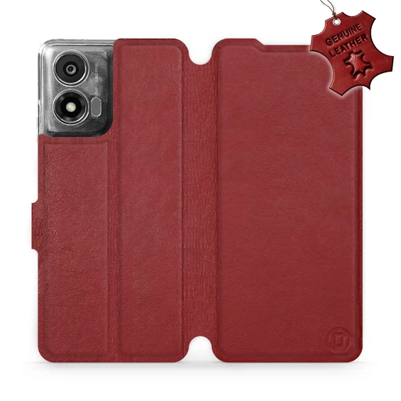 Etui ze skóry naturalnej do Motorola Moto E14 - wzór Dark Red Leather