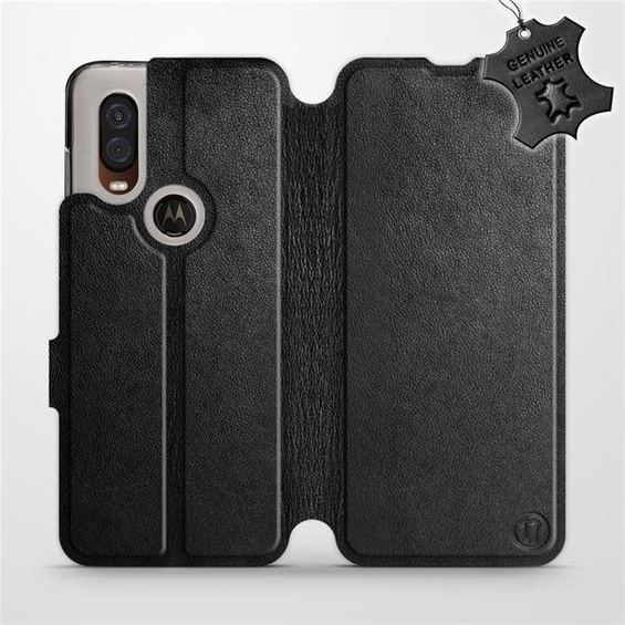 Etui ze skóry naturalnej do Motorola One Vision - wzór Black Leather