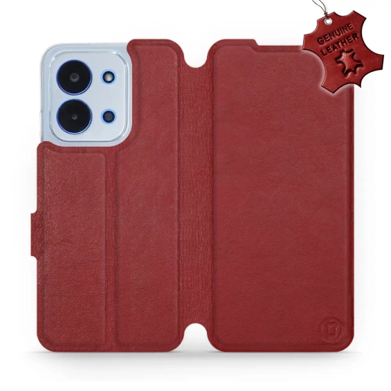 Etui ze skóry naturalnej do Xiaomi Redmi 15C - wzór Dark Red Leather
